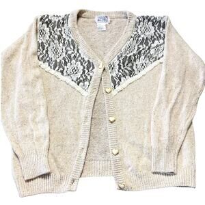 Vintage Cream Coquette Lacy Afternoons Lace Cardigan Heart Detail Sweater XXL